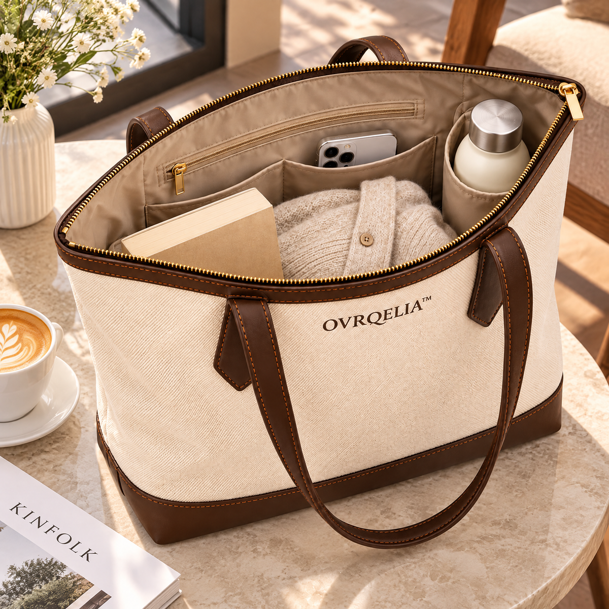 OVRQELIA™ Rowan Canvas Carryall — Women’s Zip Top Everyday Tote Bag with Interior Pockets