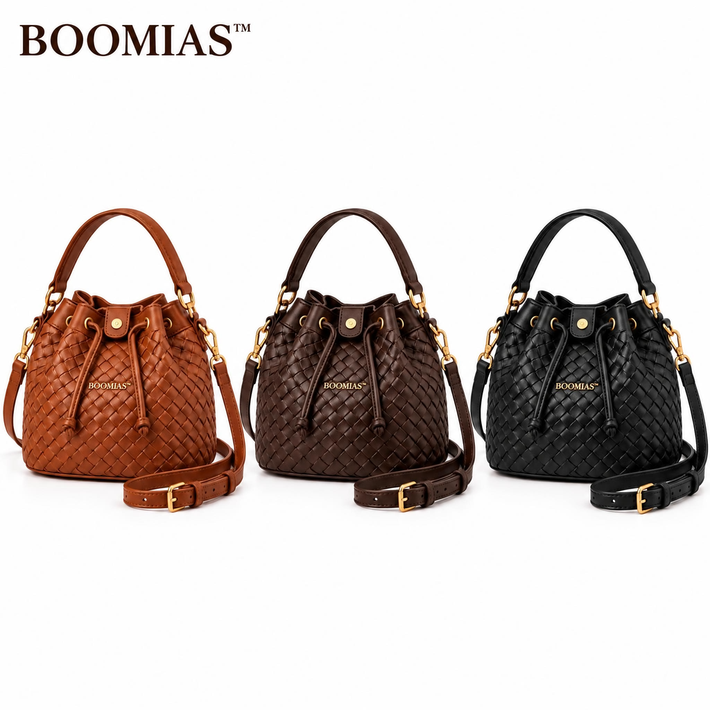 OVRQELIA™ Rhea Woven Bucket Bag — Women’s Faux Leather Drawstring Crossbody Purse
