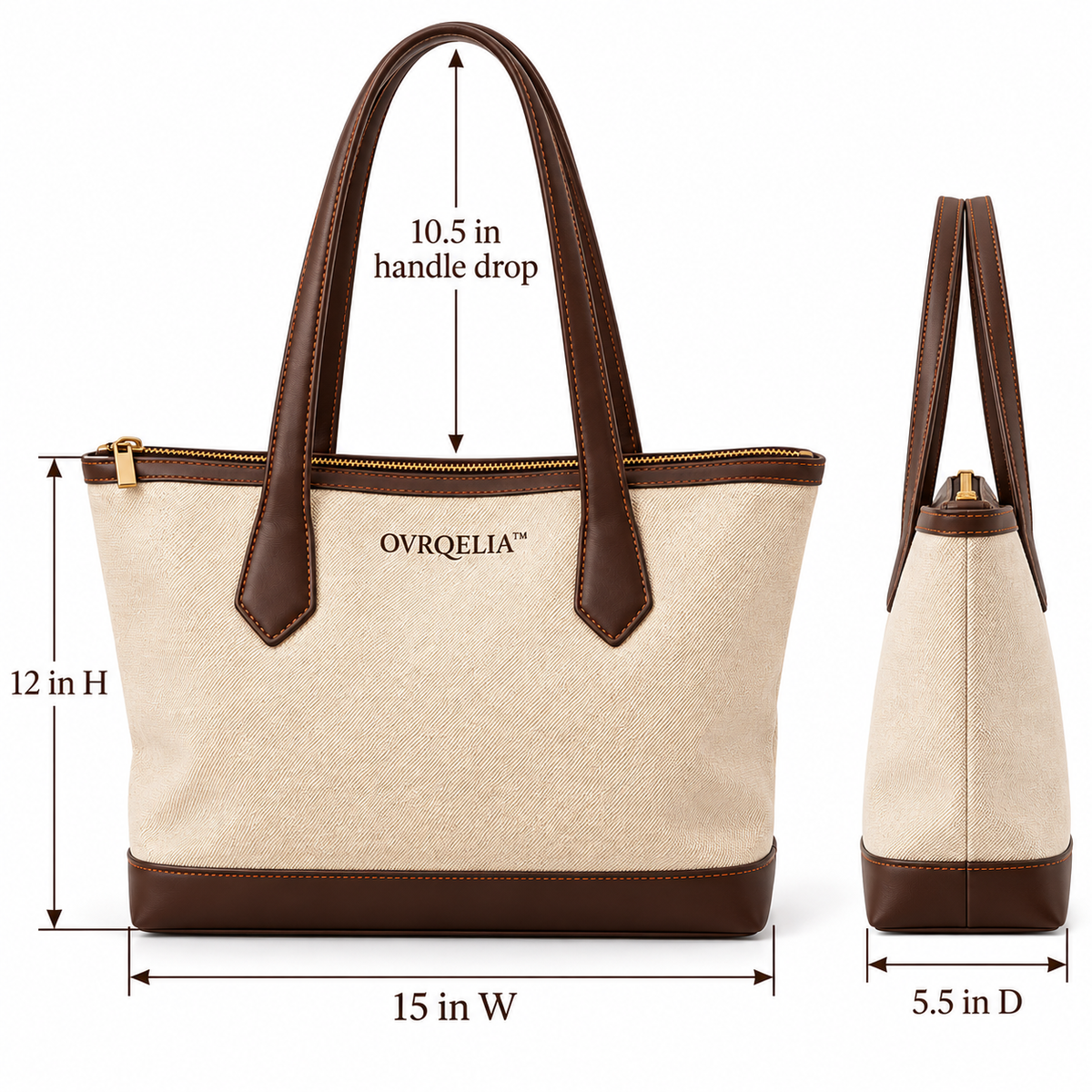 OVRQELIA™ Rowan Canvas Carryall — Women’s Zip Top Everyday Tote Bag with Interior Pockets
