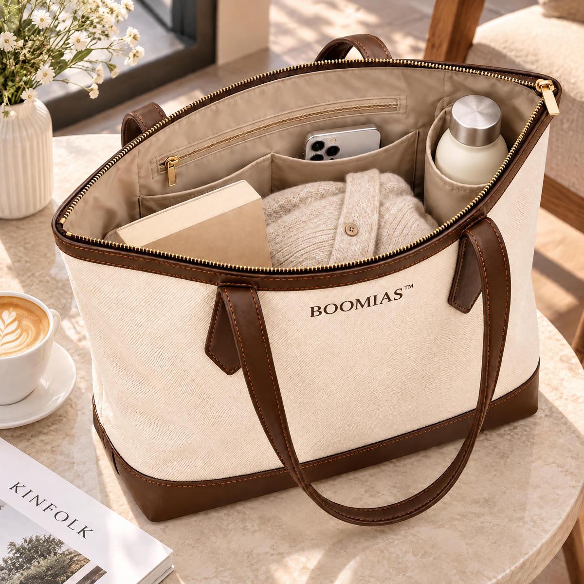 BOOMIAS™ Rowan Canvas Carryall — Women’s Zip Top Everyday Tote Bag with Interior Pockets