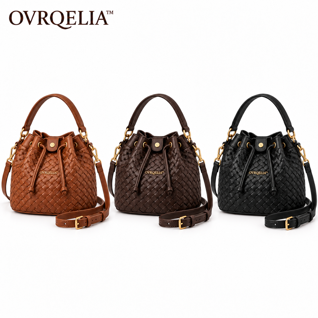 OVRQELIA™ Rhea Woven Bucket Bag — Women’s Faux Leather Drawstring Crossbody Purse
