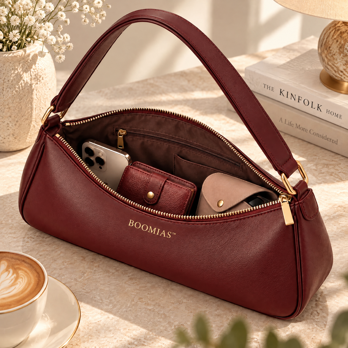 BOOMIAS™ Mira East–West Shoulder Bag — Women’s Faux Leather Everyday Purse with Zip Closure