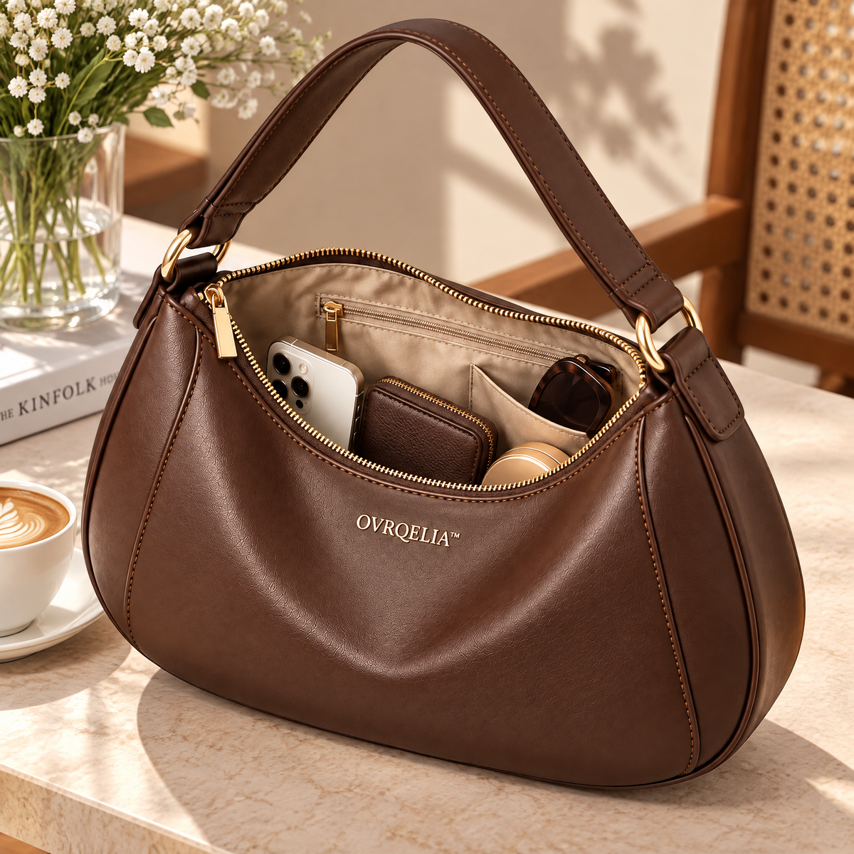OVRQELIA™ Sable Crescent Hobo — Women’s Slouchy Faux Leather Shoulder Bag