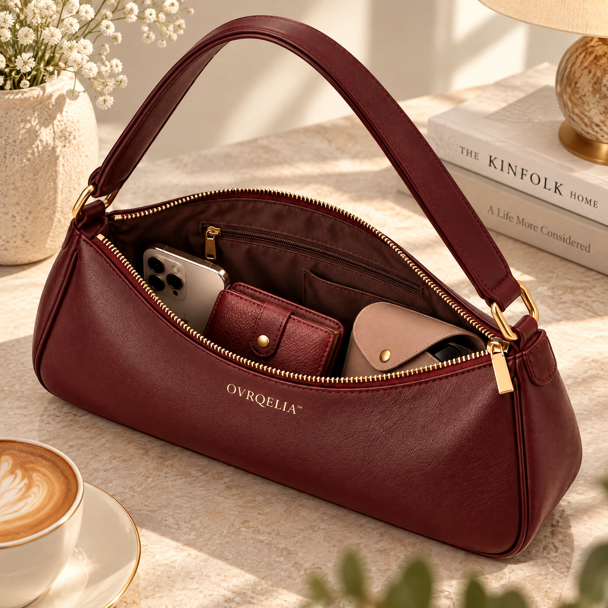 OVRQELIA™ Mira East–West Shoulder Bag — Women’s Faux Leather Everyday Purse with Zip Closure