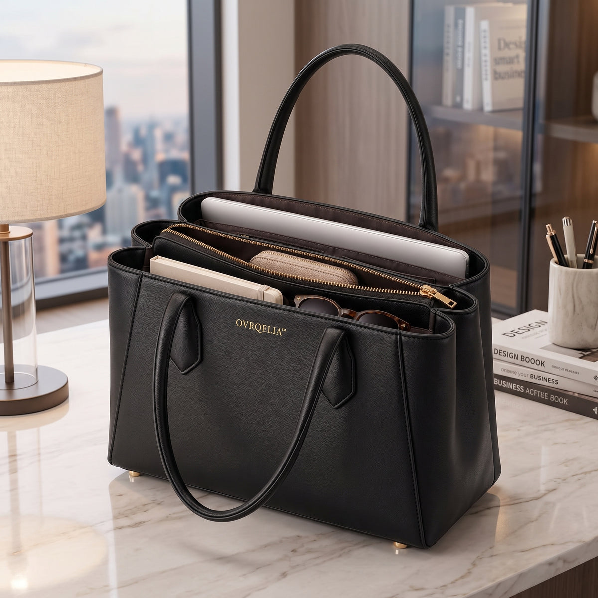 OVRQELIA™ Vale Structured Tote — Women’s Faux Leather Work Tote with Zippered Center Compartment