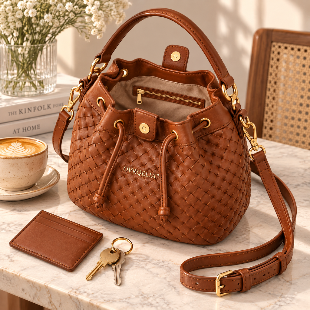 OVRQELIA™ Rhea Woven Bucket Bag — Women’s Faux Leather Drawstring Crossbody Purse