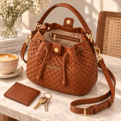OVRQELIA™ Rhea Woven Bucket Bag — Women’s Faux Leather Drawstring Crossbody Purse