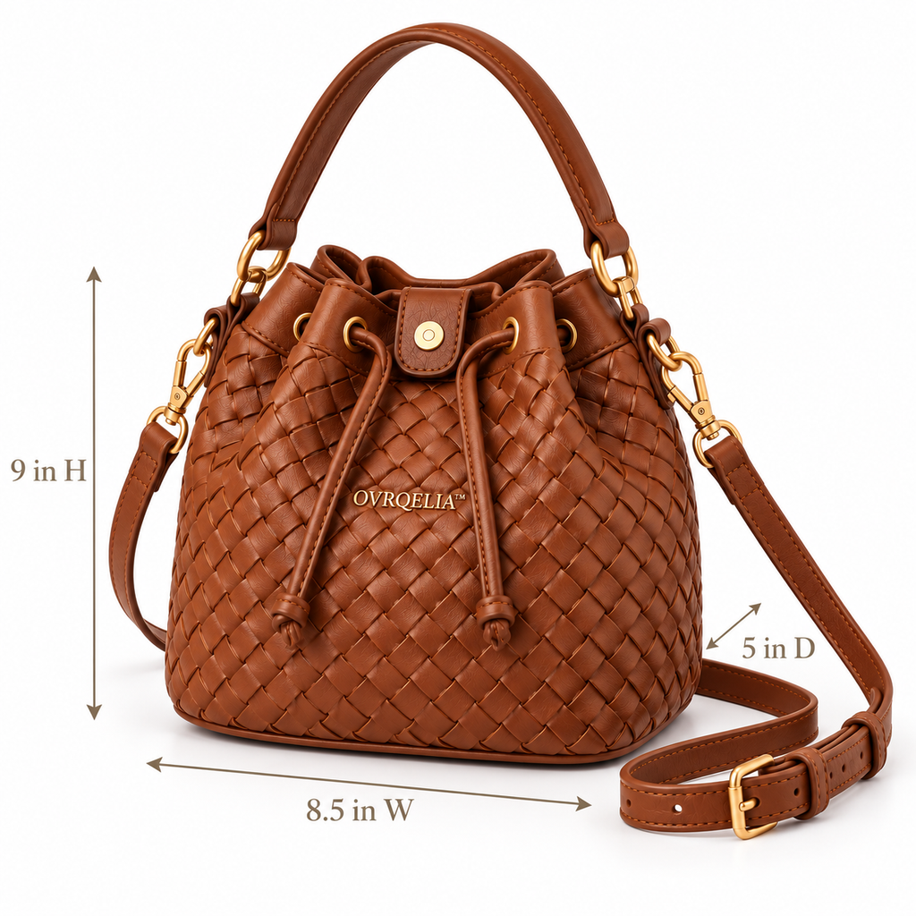 OVRQELIA™ Rhea Woven Bucket Bag — Women’s Faux Leather Drawstring Crossbody Purse