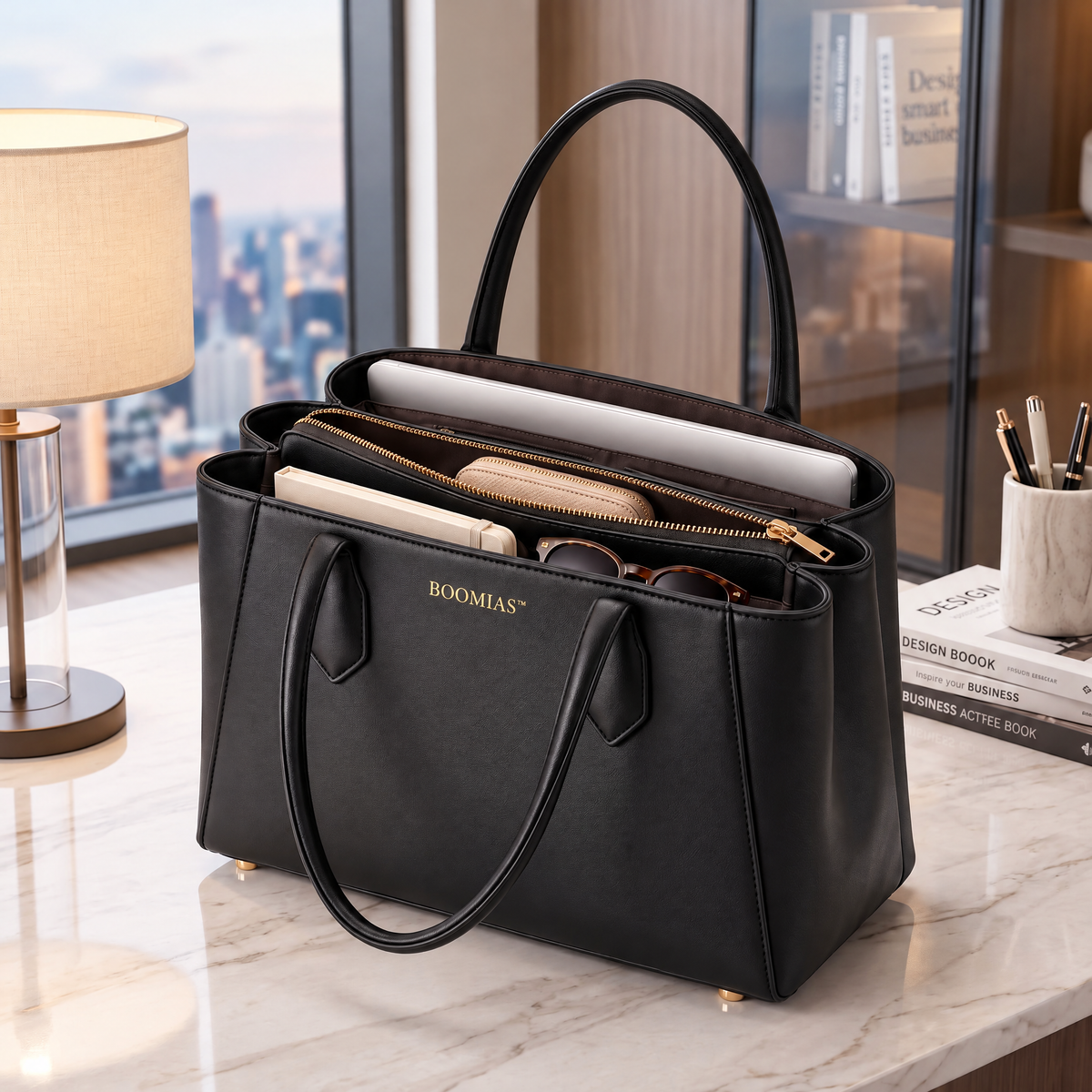 BOOMIAS™ Vale Structured Tote — Women’s Faux Leather Work Tote with Zippered Center Compartment