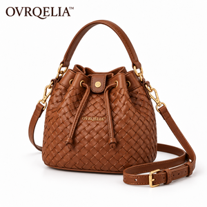 OVRQELIA™ Rhea Woven Bucket Bag — Women’s Faux Leather Drawstring Crossbody Purse