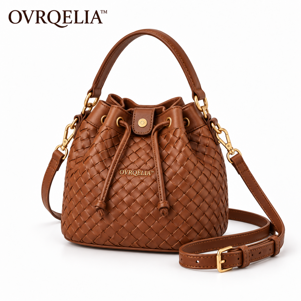OVRQELIA™ Rhea Woven Bucket Bag — Women’s Faux Leather Drawstring Crossbody Purse